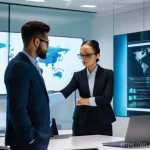 보안솔루션 컨설팅 성공 사례 - **Prompt:** A diverse team of three cybersecurity professionals, two men and one woman, all dressed ...