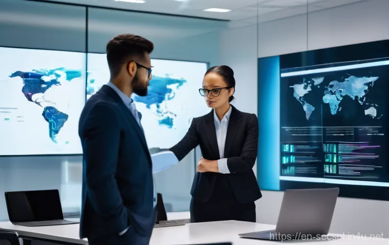 보안솔루션 컨설팅 성공 사례 - **Prompt:** A diverse team of three cybersecurity professionals, two men and one woman, all dressed ...