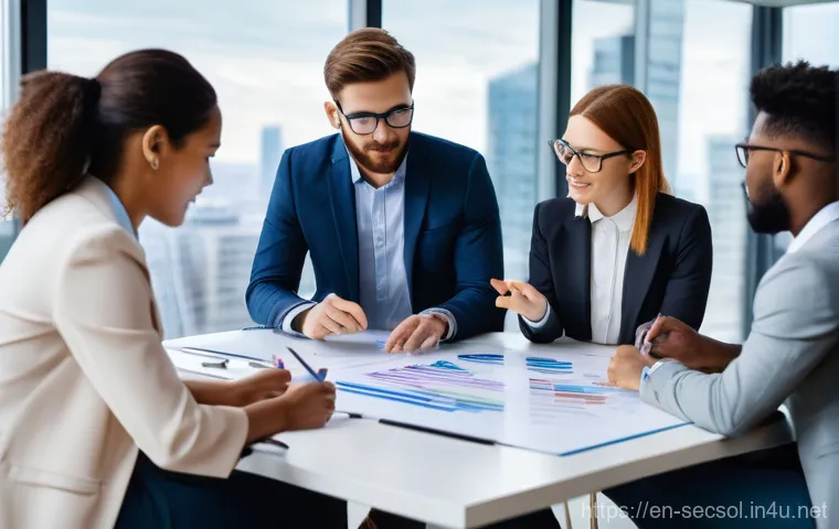 보안 컨설팅에서 고객과 신뢰 구축 방법 - **Prompt 1: Collaborative Tech Team Brainstorm**
"A diverse group of five professionals (male an...