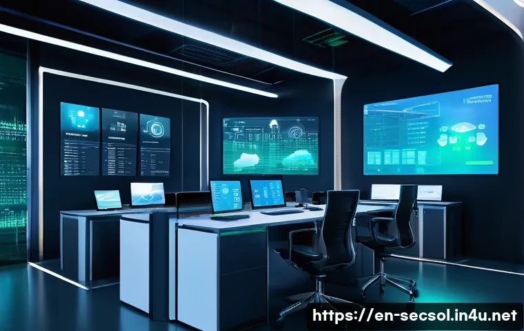 보안 컨설턴트를 위한 클라우드 보안 기초 - A futuristic cloud computing control room with diverse IT professionals collaborating around hologra...