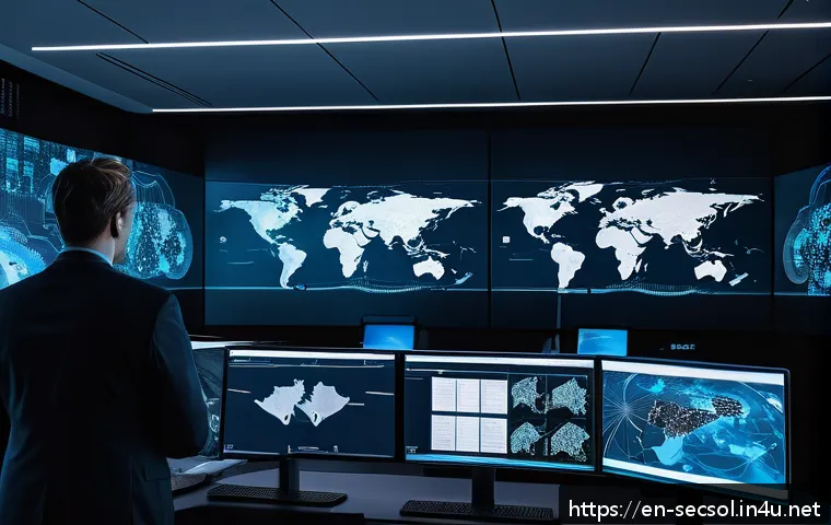 보안솔루션의 AI 활용 가능성과 한계 - A high-tech cybersecurity operations center with diverse professionals collaborating, large transpar...