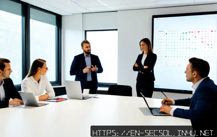 Home 15 보안 컨설팅에서 사용되는 주요 프레임워크 - Photorealistic cybersecurity consulting workshop in a modern American office, diverse team of profes...