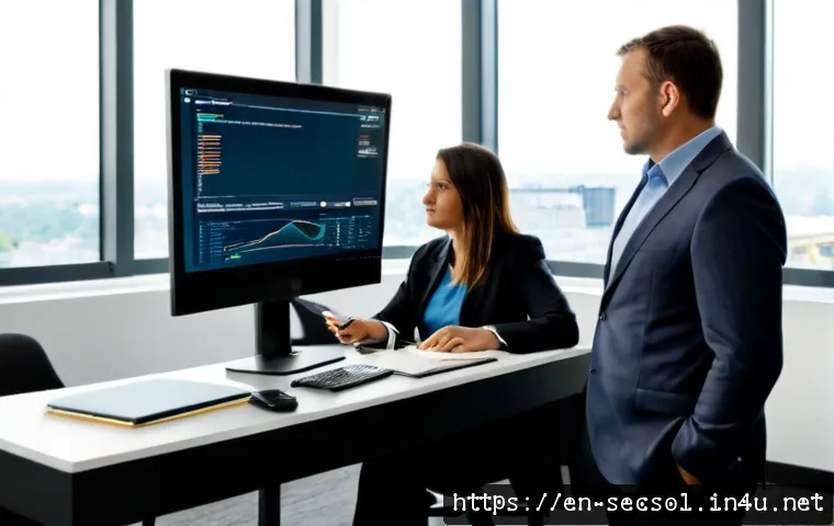 Home 31 보안솔루션 컨설팅 실무 과정 따라잡기 - Photorealistic cybersecurity consulting workshop in a modern American office, experienced consultant...